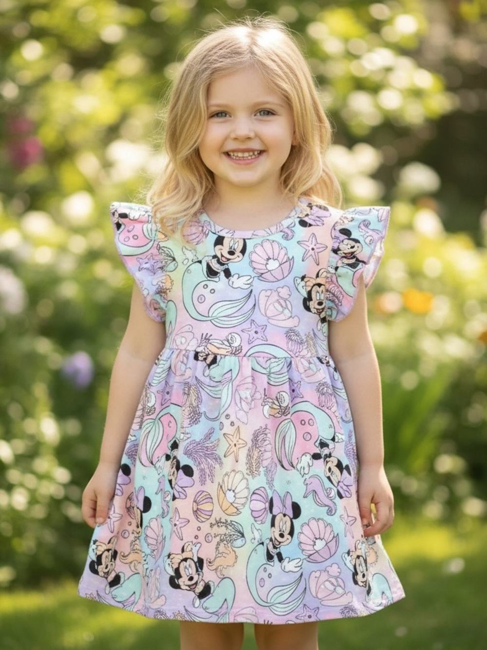 New Girls' Boutique Mermaid Minnie Mouse Theme Flutter Sleeve Dress Disney Parks